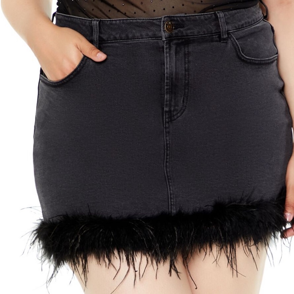 Forever 21 denim mini skirt with feather trim